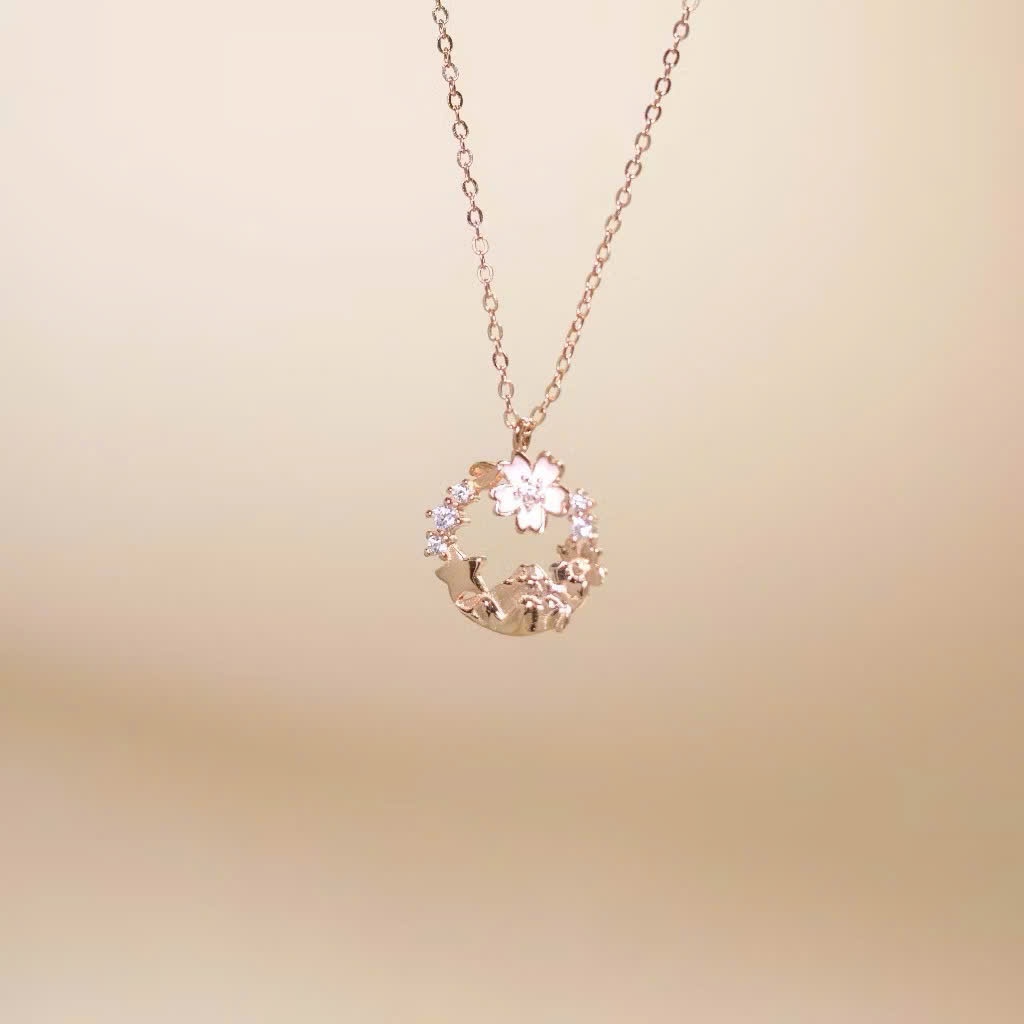 Set quà tặng trang sức dây chuyền và lắc tay bạc mạ vàng hồng 18K cao cấp LAVESTA LAV166 Cherry bloom