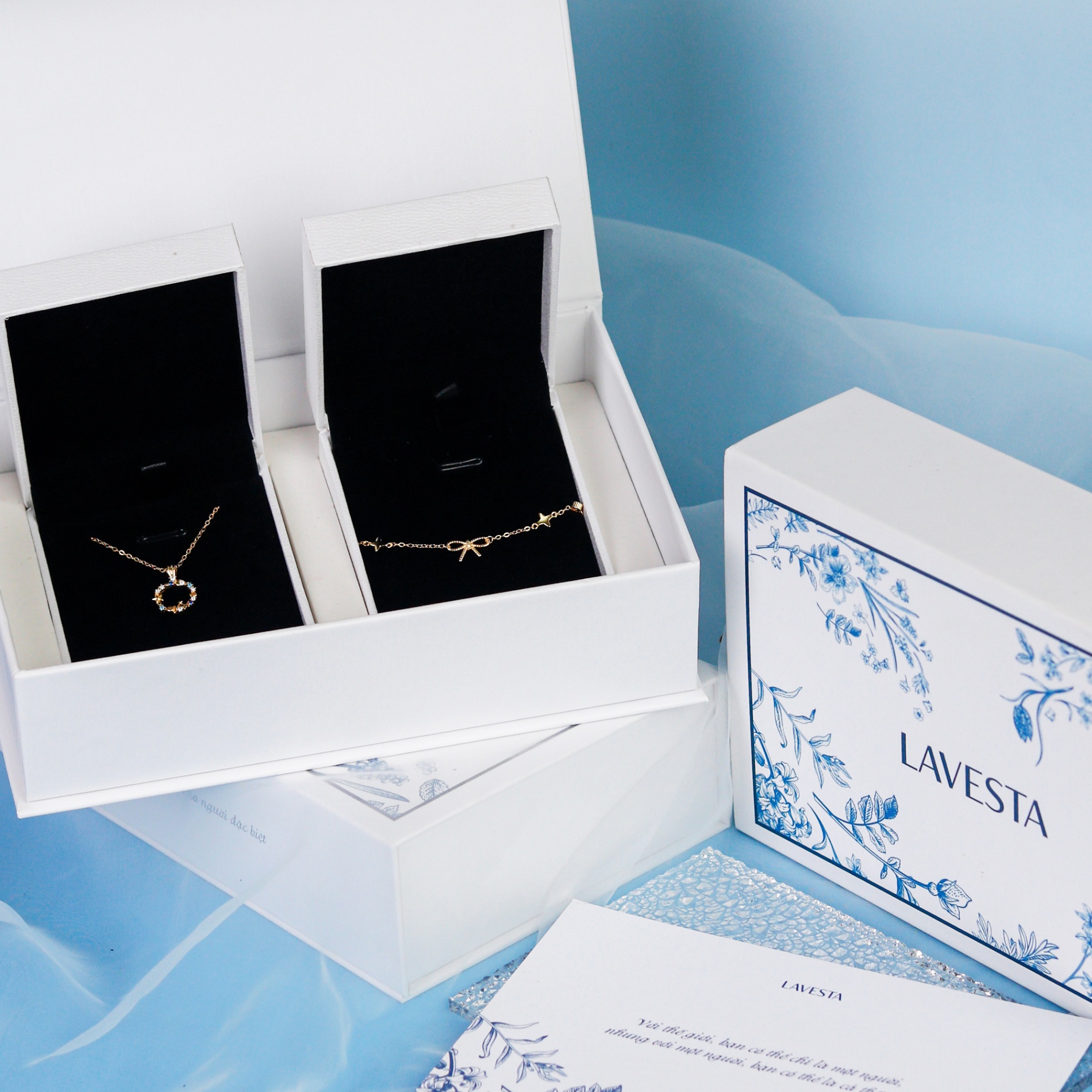 Set quà tặng trang sức dây chuyền và lắc tay bạc mạ vàng 14K cao cấp LAVESTA LAV120 Lyra