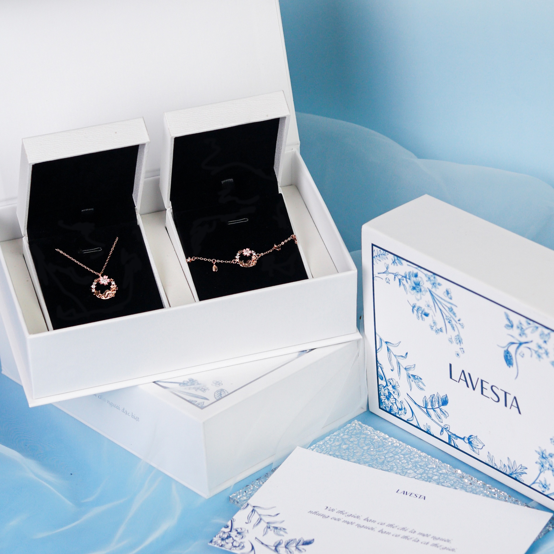 Set quà tặng trang sức dây chuyền và lắc tay bạc mạ vàng hồng 18K cao cấp LAVESTA LAV166 Cherry bloom