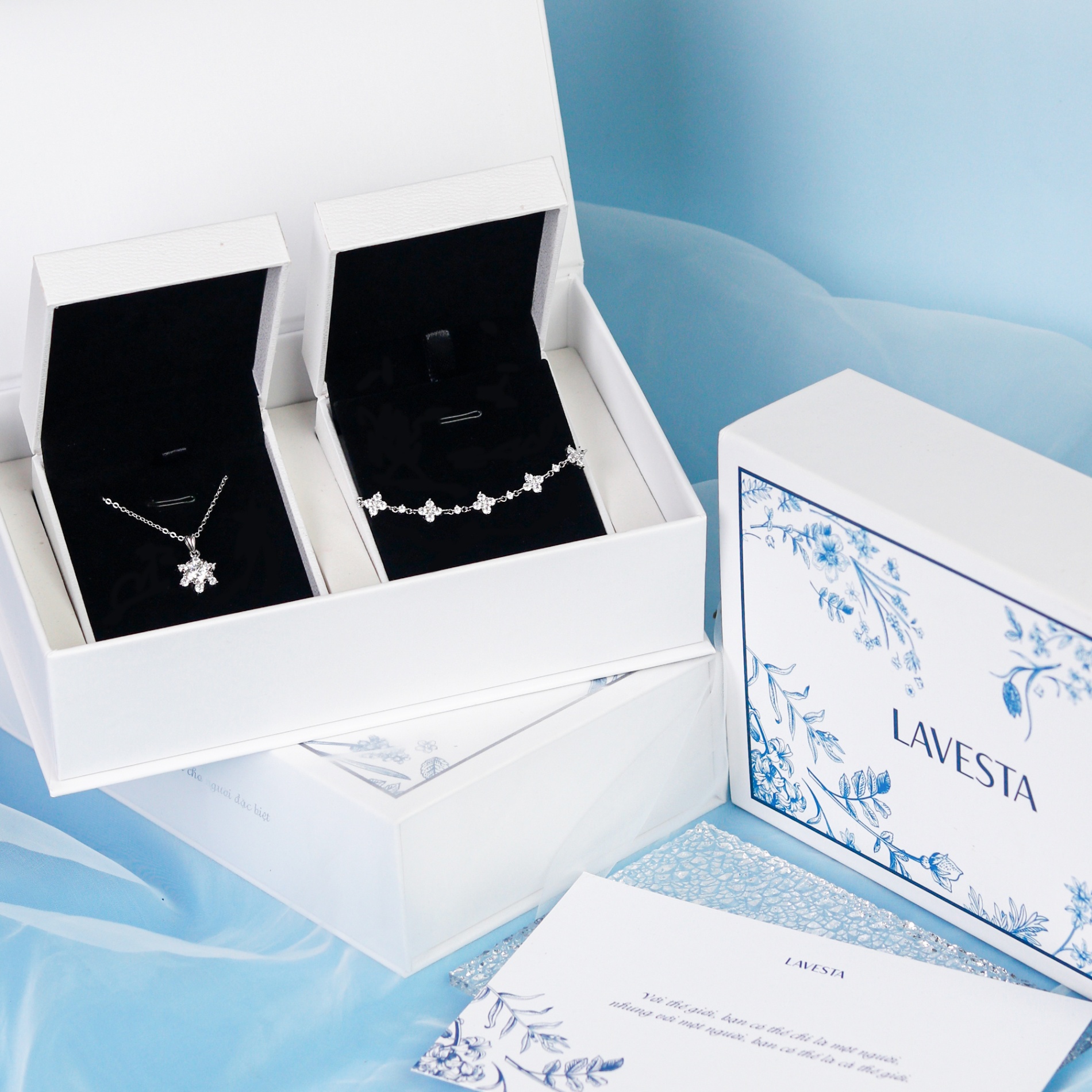 Set quà tặng trang sức dây chuyền và lắc tay bạc xi bạch kim cao cấp LAVESTA KC119 Ellie