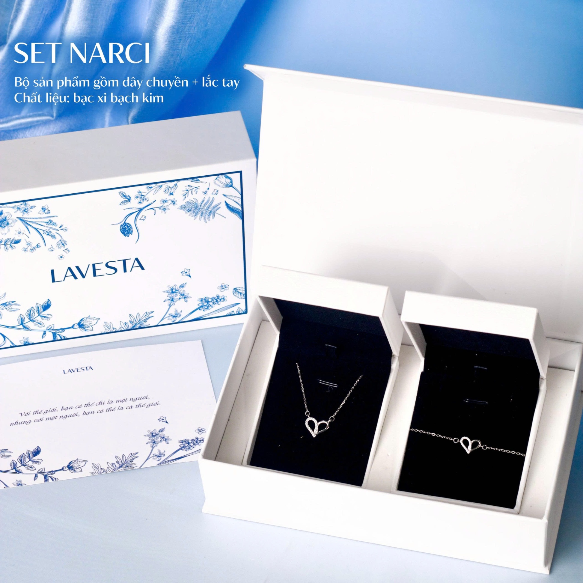 Set quà tặng trang sức dây chuyền và lắc tay bạc xi bạch kim cao cấp LAVESTA LAV119 Narci
