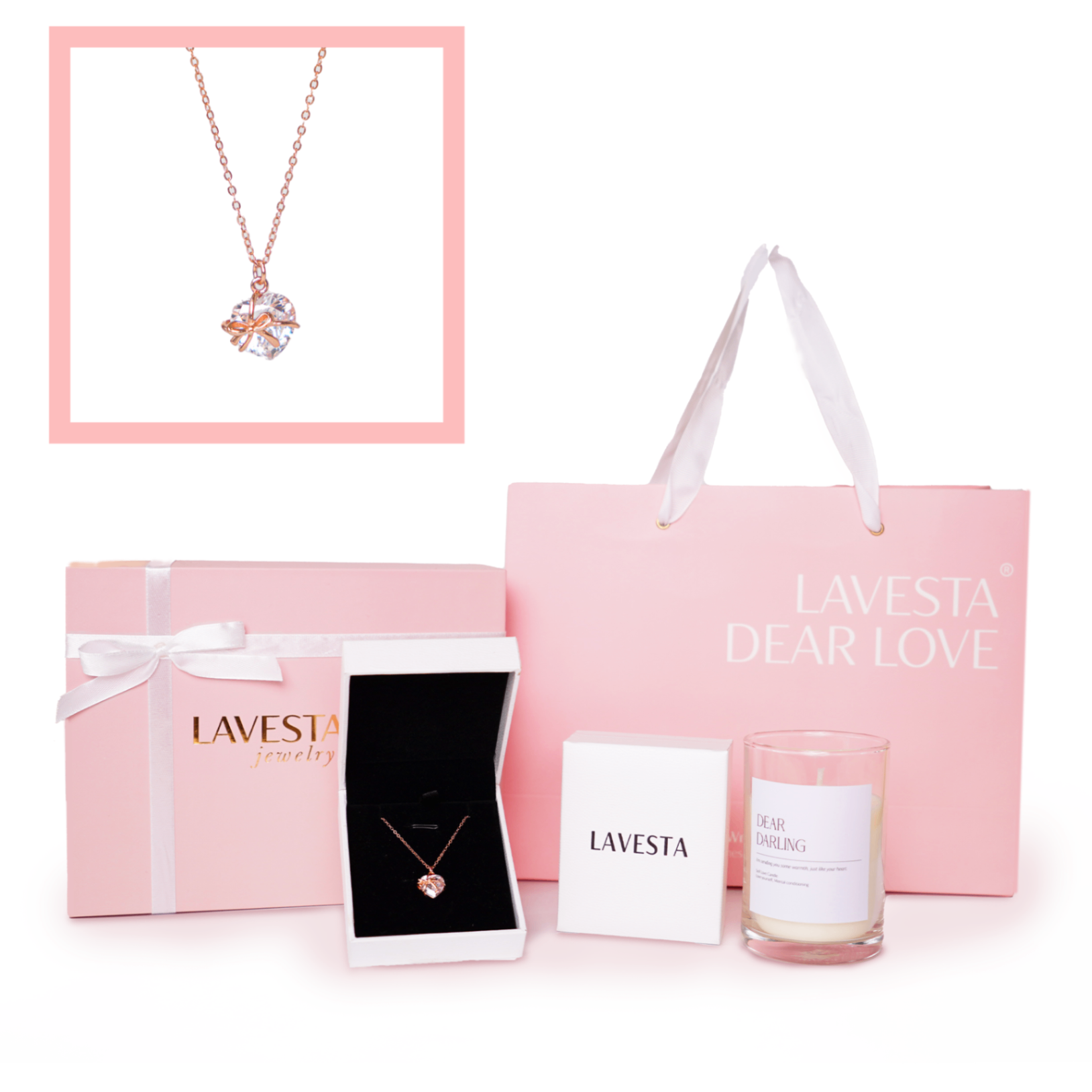 Set quà tặng trang sức dây chuyền bạc mạ vàng hồng 18K cao cấp LAVESTA LAV206 Dear love - Crystal