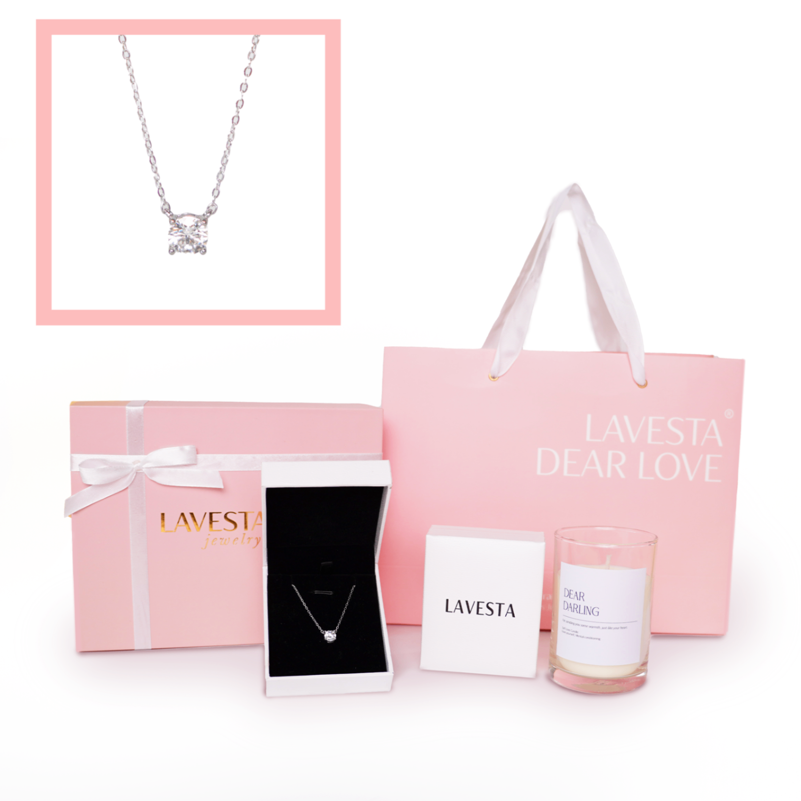 Set quà tặng trang sức dây chuyền bạc xi bạch kim đá Moissanite 6.5 ly GRA LAVESTA KC150 Dear love - Only you