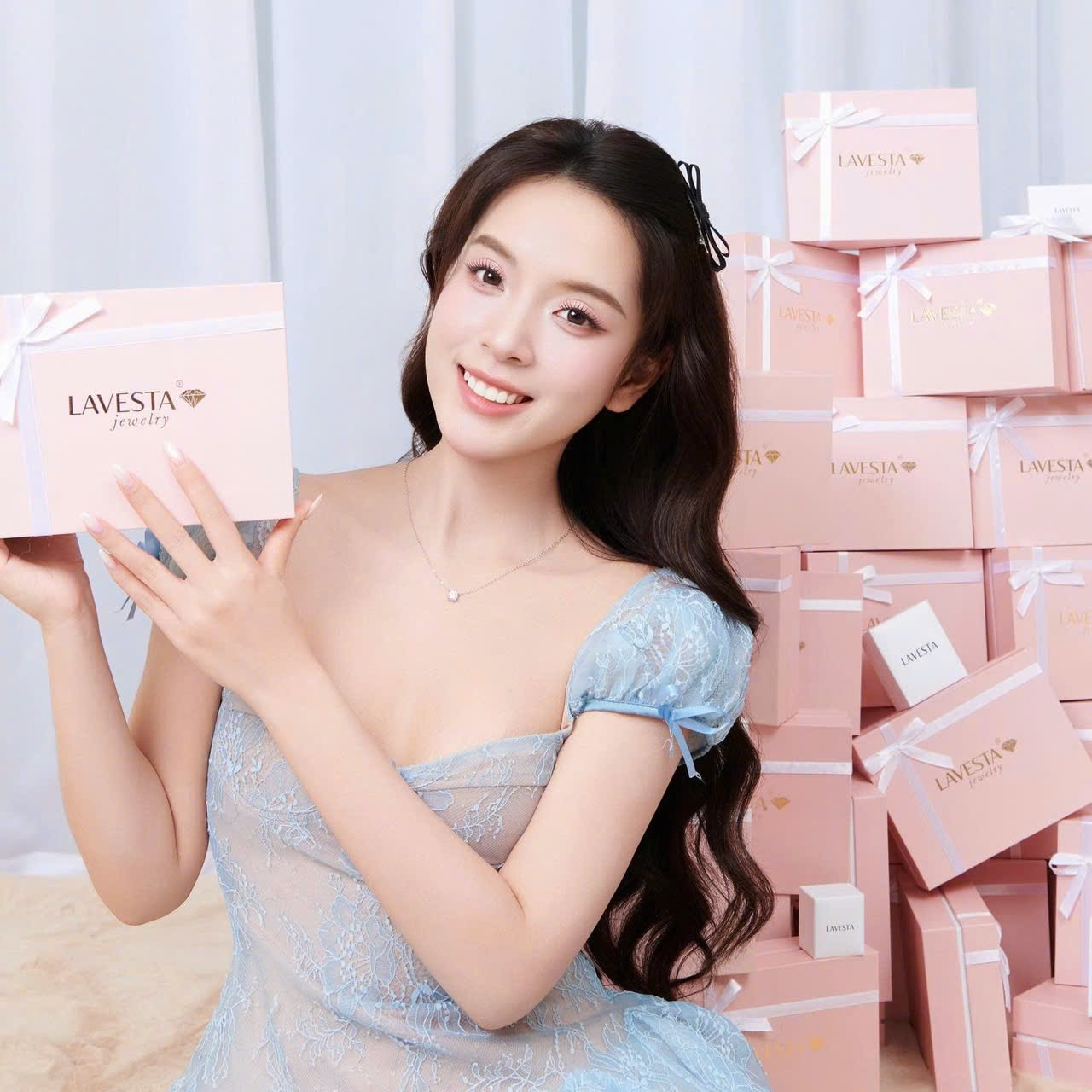Set quà tặng trang sức dây chuyền bạc xi bạch kim đá Moissanite 6.5 ly GRA LAVESTA KC150 Dear love - Only you