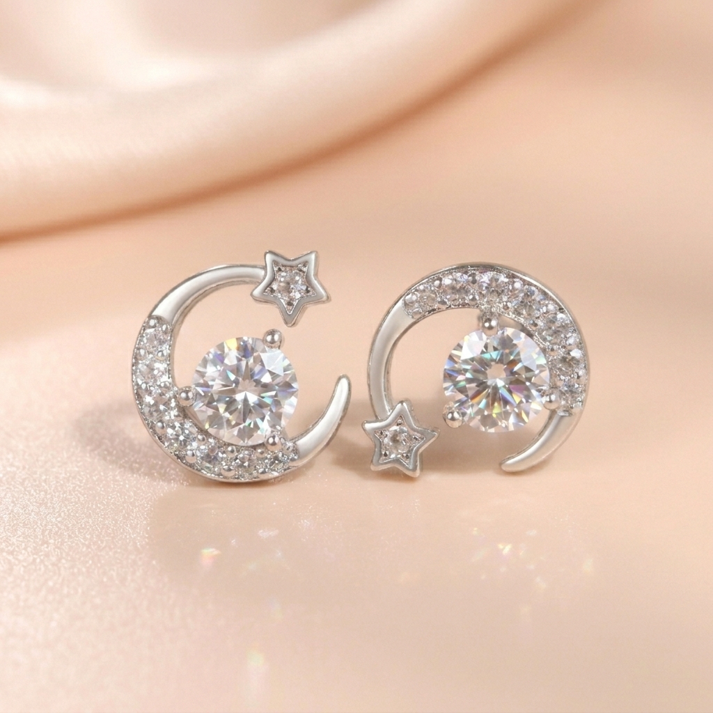Bông tai bạc nữ đính đá Moissanite 5 ly LAVESTA KC78 kiểm định GRA, bạc xi bạch kim Moon Star
