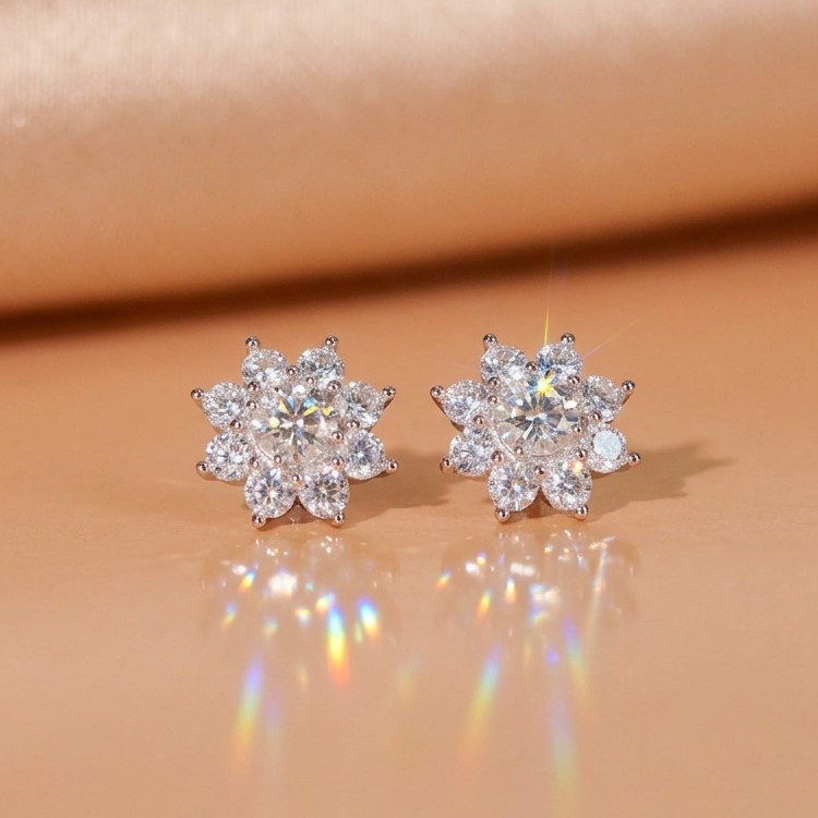 Bông tai nữ bạc xi bạch kim đá Moissanite 5 ly kiểm định GRA LAVESTA KC136 Shella hoa 8 cánh sang trọng, quý phái