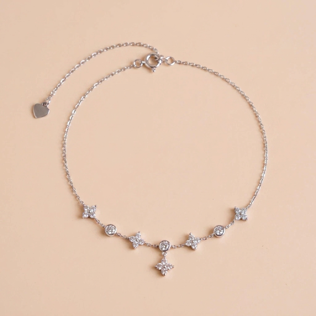 Lắc chân bạc nữ xi bạch kim LAVESTA LAV214 Lani thiết kế mặt cỏ 4 lá may mắn, hộ mệnh