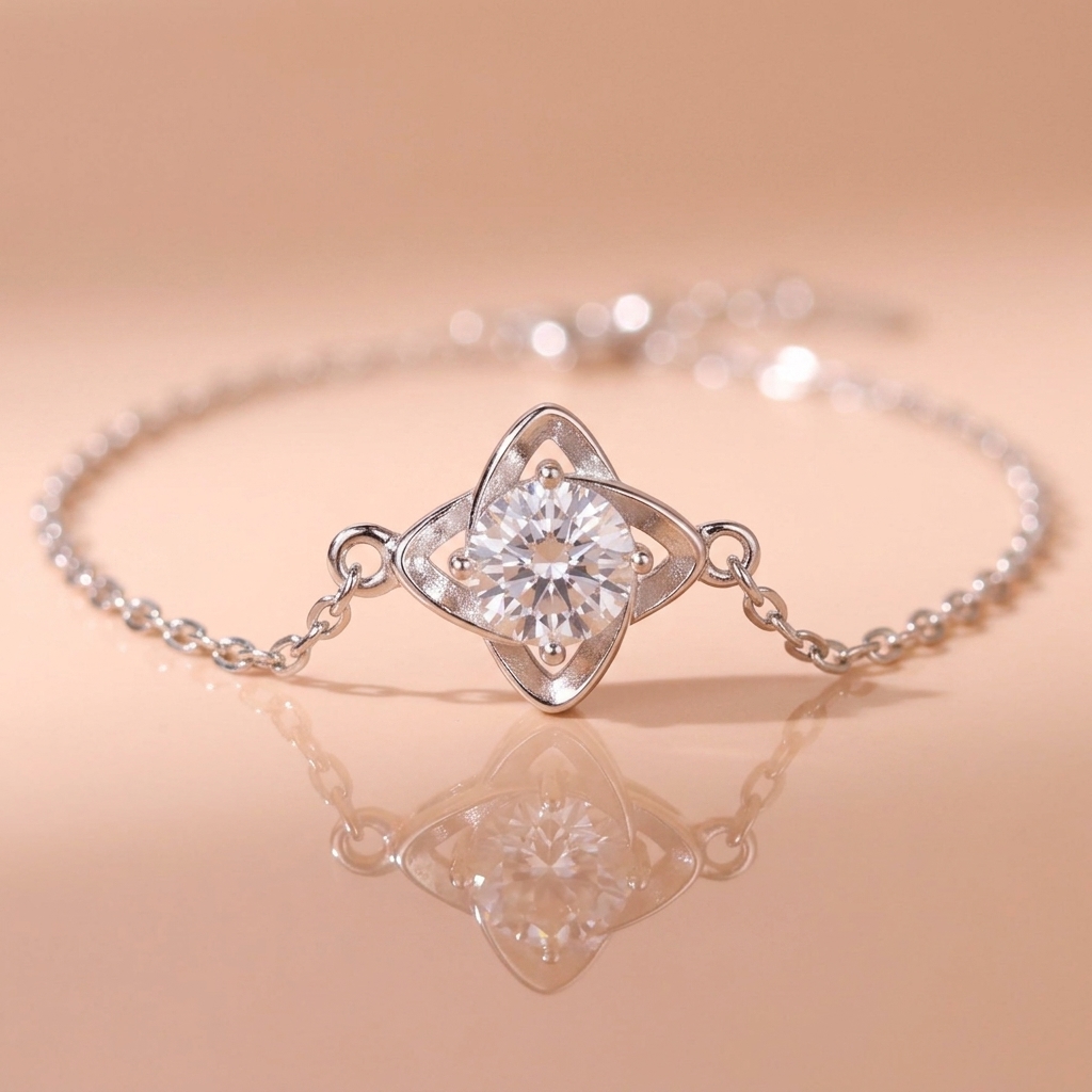 Lắc tay bạc nữ đính đá Moissanite 5 ly kiểm định GRA, bạc xi bạch kim LAVESTA KC107 Amie cỏ 4 lá may mắn Bonheur