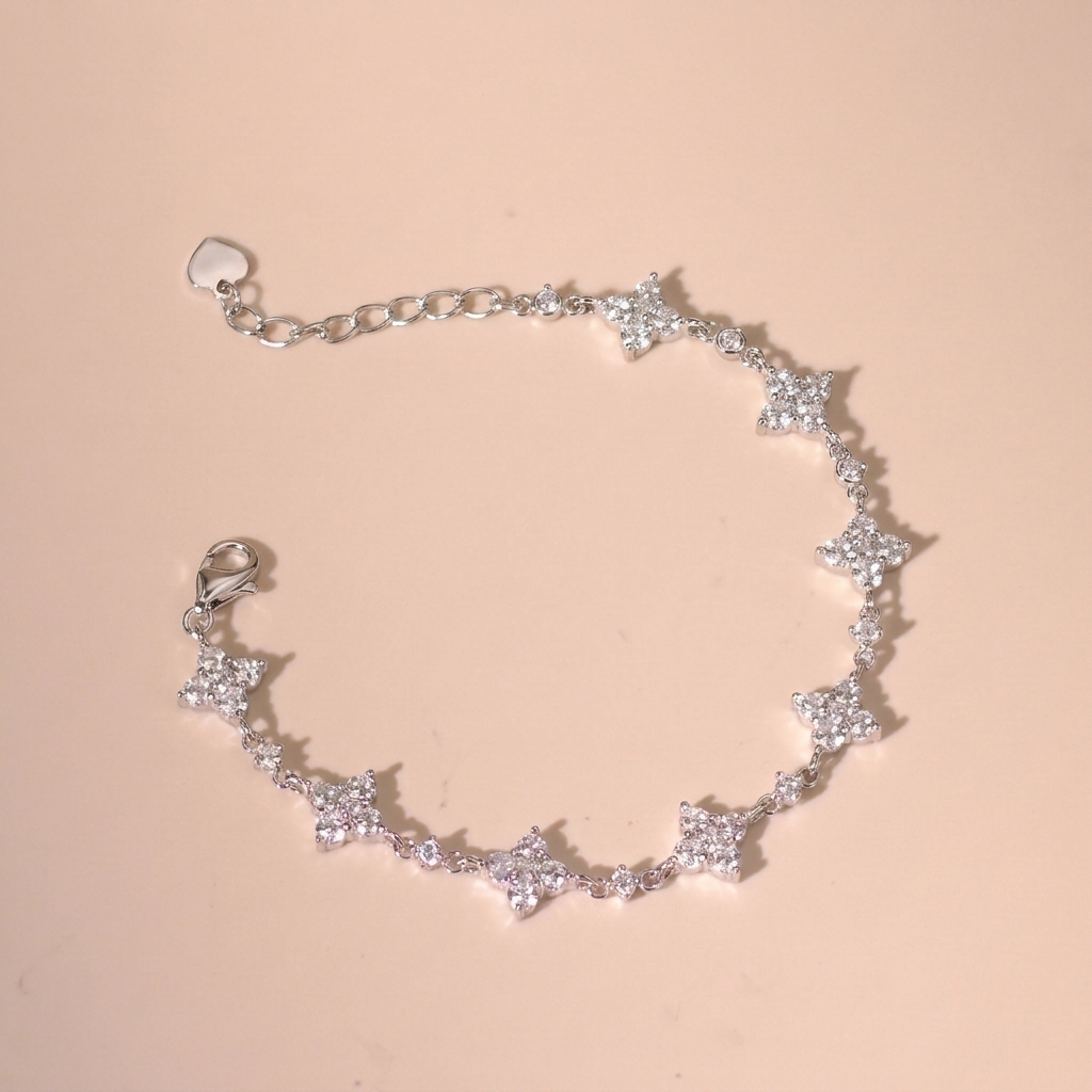 Lắc tay bạc xi bạch kim đá Moissanite 1.2 ly, LAVESTA KC116 Felicity thiết kế cỏ 4 lá quyến rũ, hiện đại