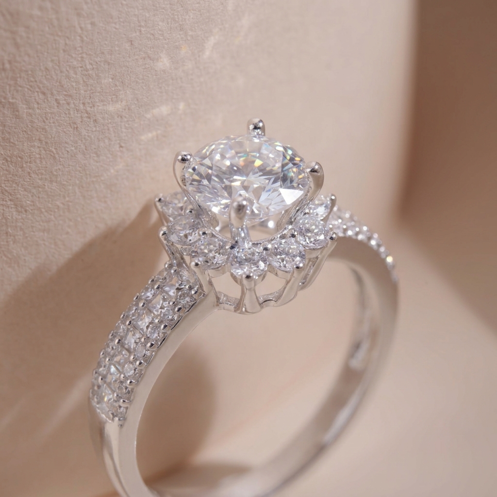Nhẫn bạc nữ đính đá Moissanite 5 ly kiểm định GRA Lavesta KC07 mặt hoa kiêu sa
