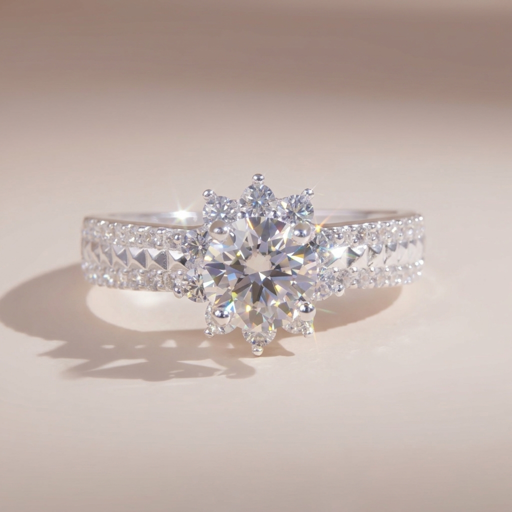 Nhẫn bạc nữ đính đá Moissanite 6 ly kiểm định GRA Lavesta KC07 mặt hoa kiêu sa