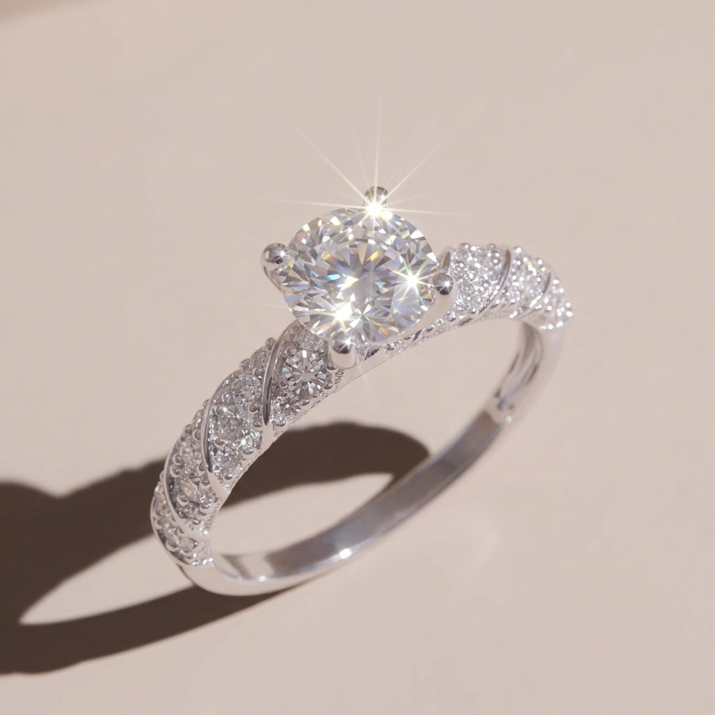 Nhẫn bạc nữ xi bạch kim đính đá Moissanite lấp lánh 5 ly kiểm định GRA KC59 LAVESTA