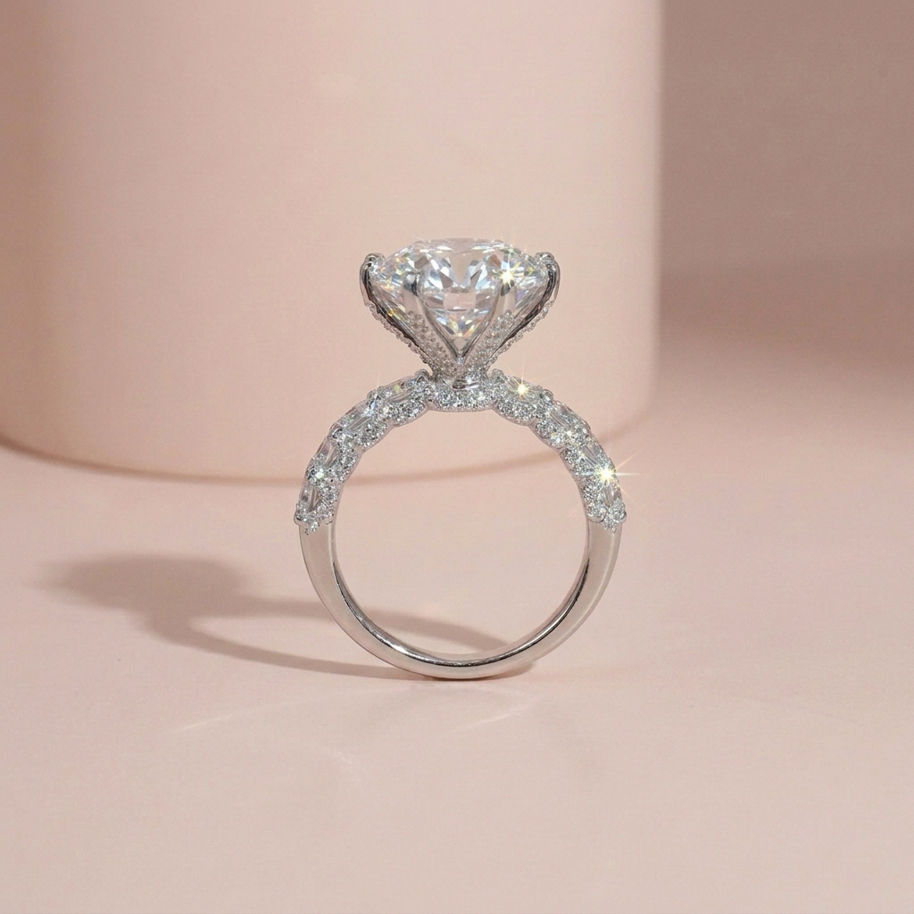 Nhẫn nữ bạc xi bạch kim đá Moissanite 12 ly kiểm định GRA LAVESTA KC158 biểu tượng vị thế, đẳng cấp thượng lưu