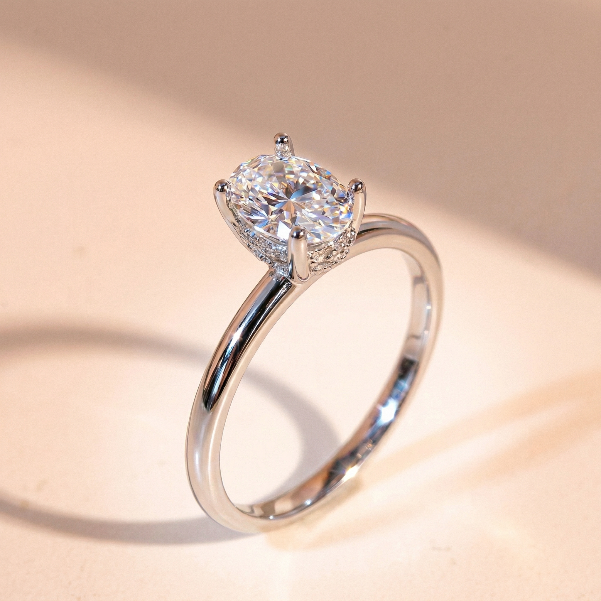 Nhẫn nữ bạc xi bạch kim đá Moissanite 5x7mm kiểm định GRA LAVESTA KC146 mặt oval vĩnh cửu, sang trọng