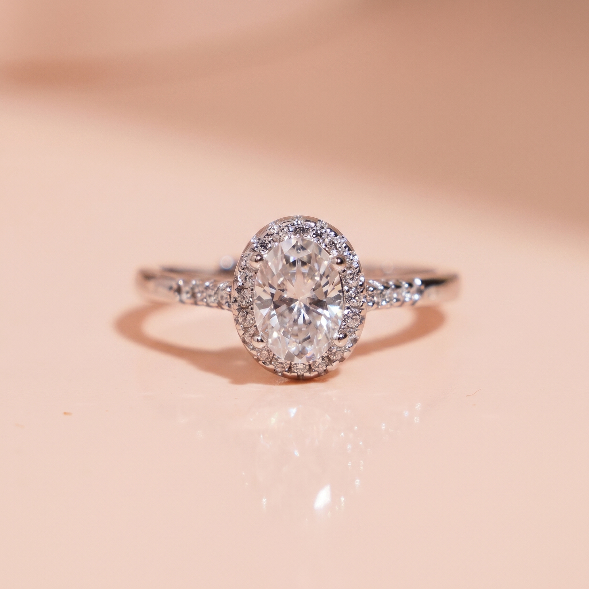 Nhẫn nữ bạc xi bạch kim đá Moissanite 5x7mm kiểm định GRA LAVESTA KC170 mặt oval vĩnh cửu, sang trọng