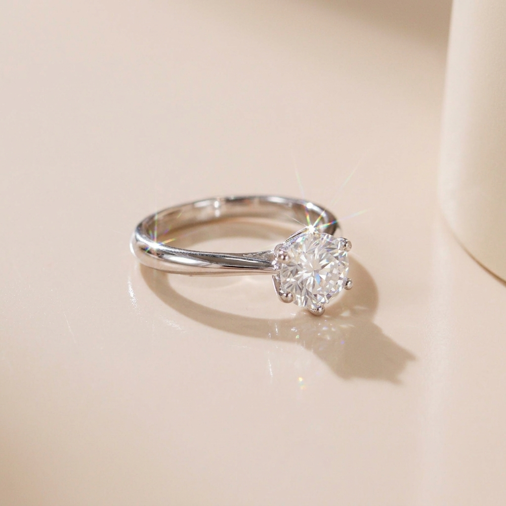 Nhẫn nữ bạc xi bạch kim đá Moissanite 6.5 ly kiểm định GRA LAVESTA KC141 thanh lịch, sang trọng