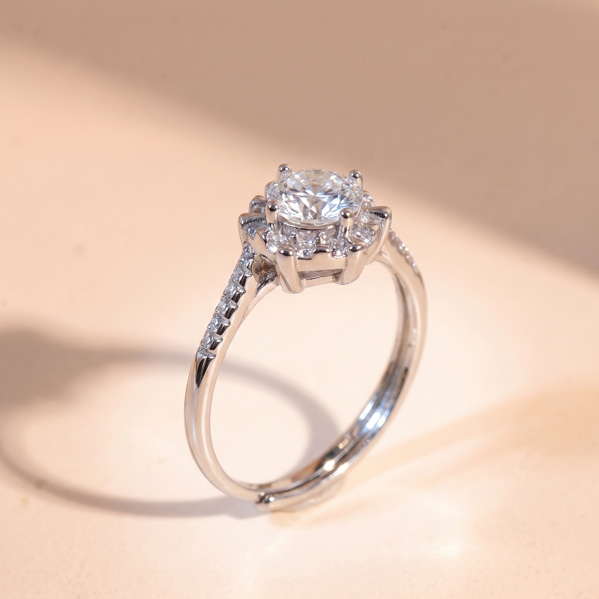 Nhẫn nữ bạc xi bạch kim freesize đính đá Moissanite 6.5 ly kiểm định GRA LAVESTA KC166 sang trọng, thời thượng