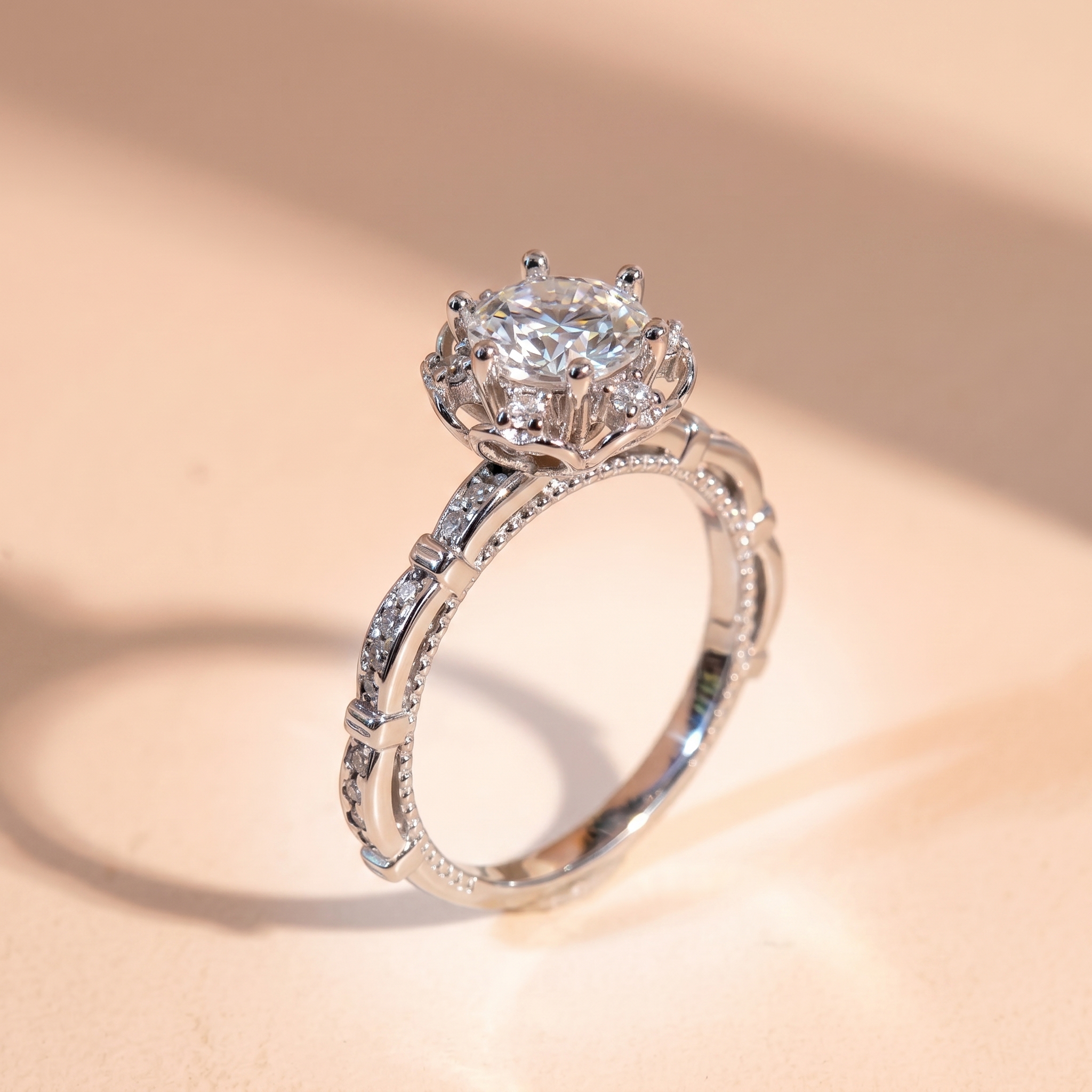Nhẫn nữ bạc xi bạch kim đá Moissanite 6.5 ly kiểm định GRA LAVESTA KC169 sang trọng, thời thượng
