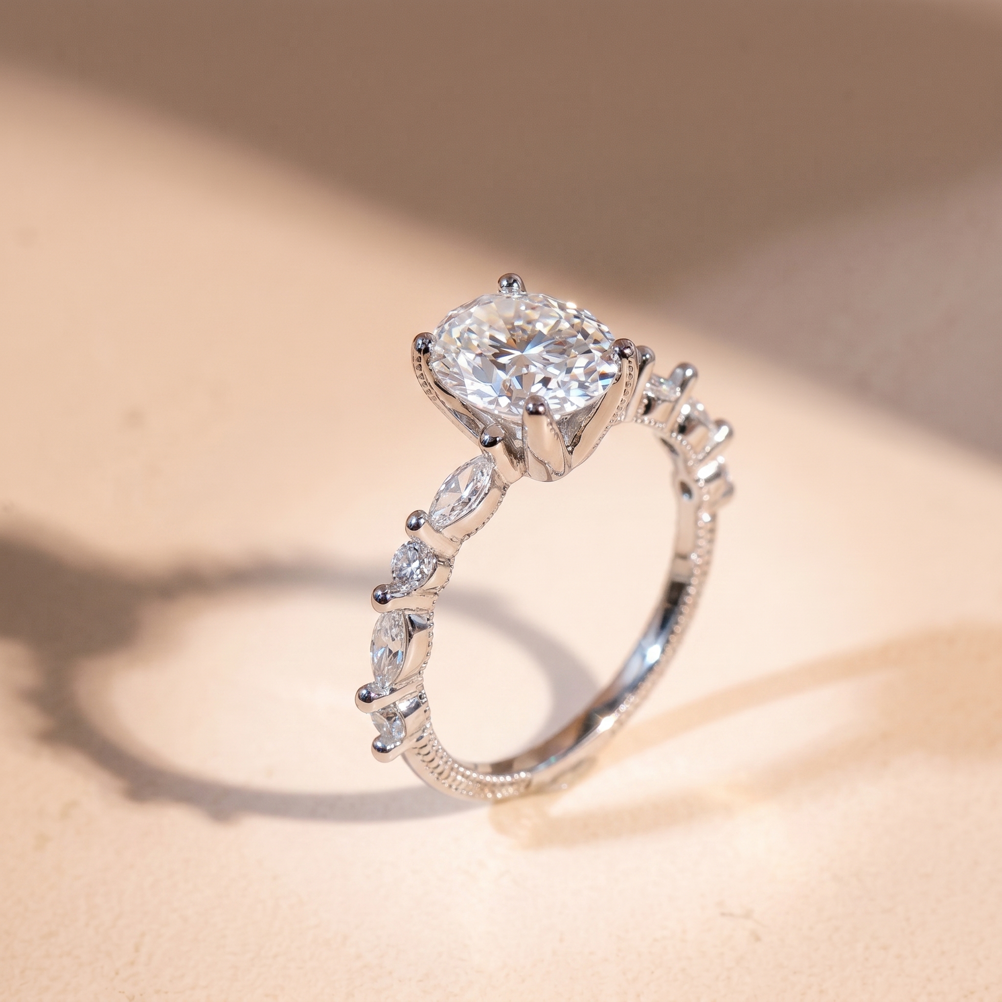 Nhẫn nữ bạc xi bạch kim đá Moissanite Oval 7x9 kiểm định GRA LAVESTA KC159 lấp lánh, kiêu hãnh