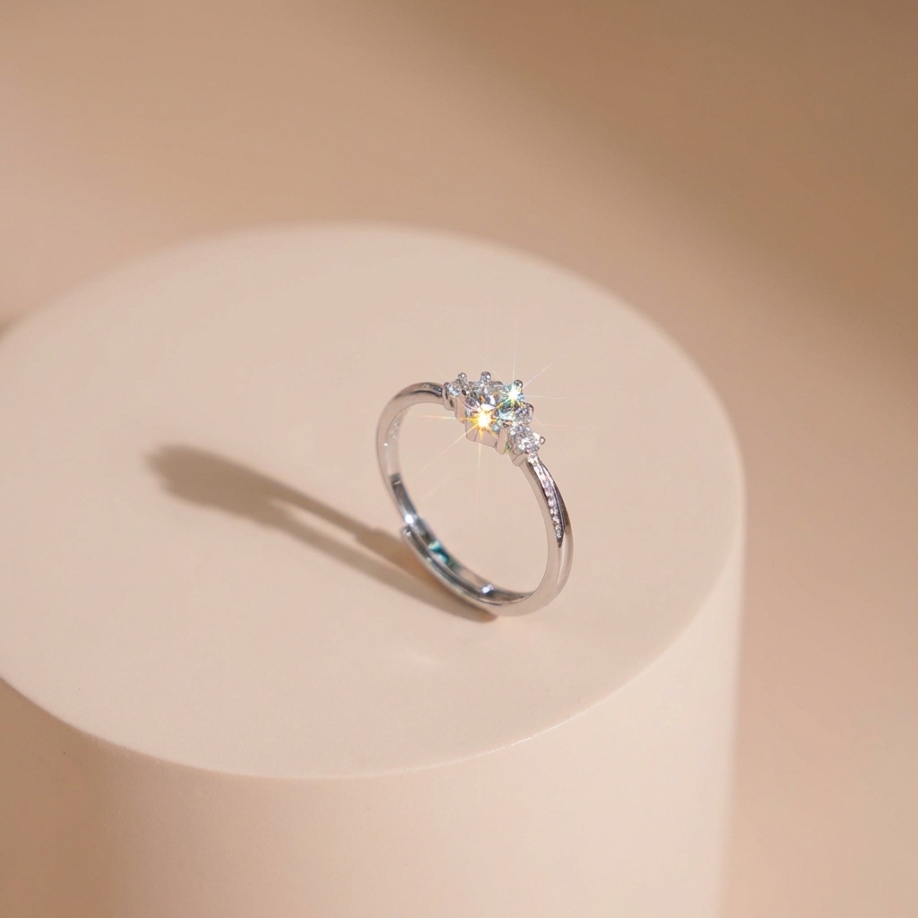 Nhẫn nữ freesize bạc xi bạch kim đá Moissanite 4.5 ly kiểm định GRA LAVESTA KC152 nữ tính, sang trọng