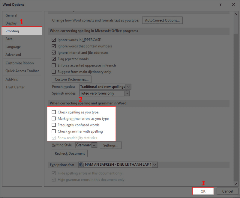 tắt dấu gạch chân đỏ kiểm tra chính tả trong Word