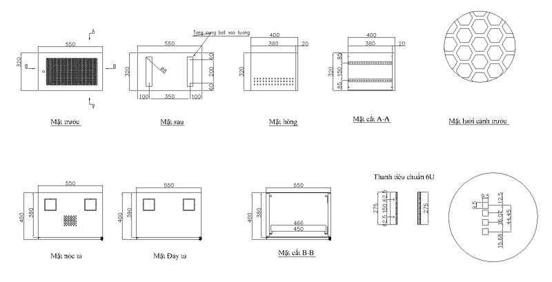 TỦ RACK 6U SÂU D400, TỦ RACK 6U TREO TƯỜNG CỬA LƯỚI MÀU ĐEN-UNR6U400