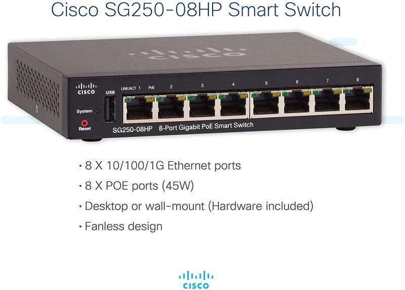 Thiết bị chia mạng Cisco SG250-08HP-K9-EU POE Smart Switch