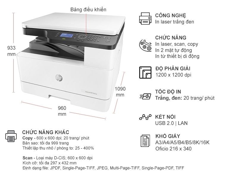 Máy in HP LaserJet MFP M433a 1VR14A đa năng (Laser A3 đen trắng)