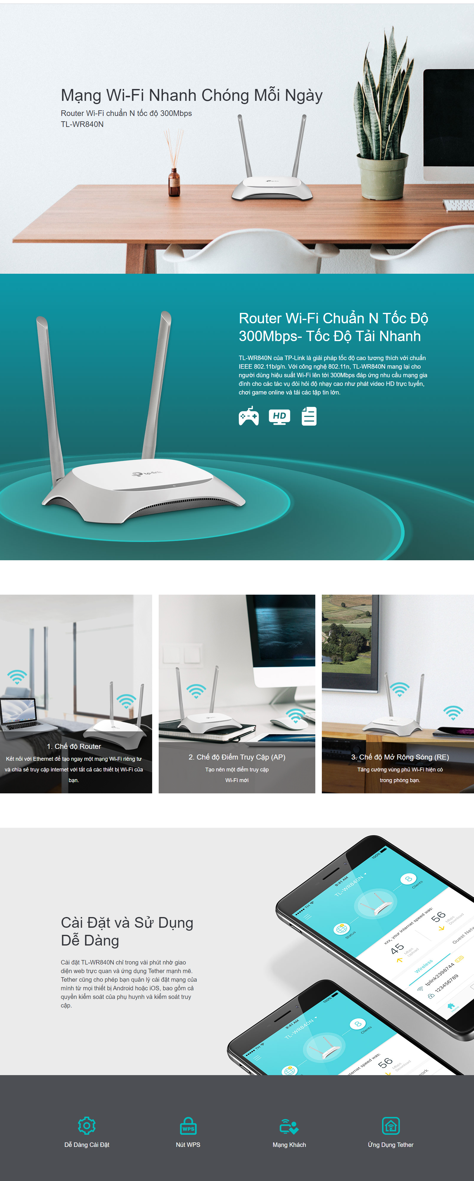 Truy cập mạng wifi nhanh chóng mỗi ngày với bộ phát wifi Tp-Link TL-WR840N, roter wifi chuẩn N tốc độ tải nhanh 300Mbps, dễ dàng cài đặt và sử dụng