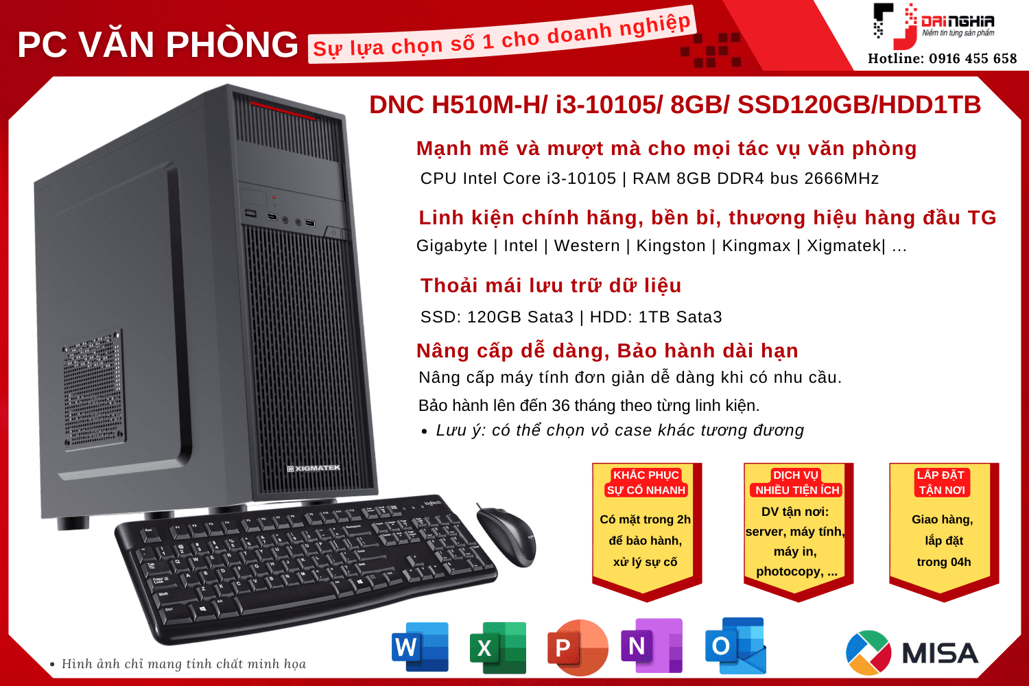 Máy tính để bàn DNC H410M-DS2V/ i3-10100/ 8GB/ SSD120GB/HDD1TB