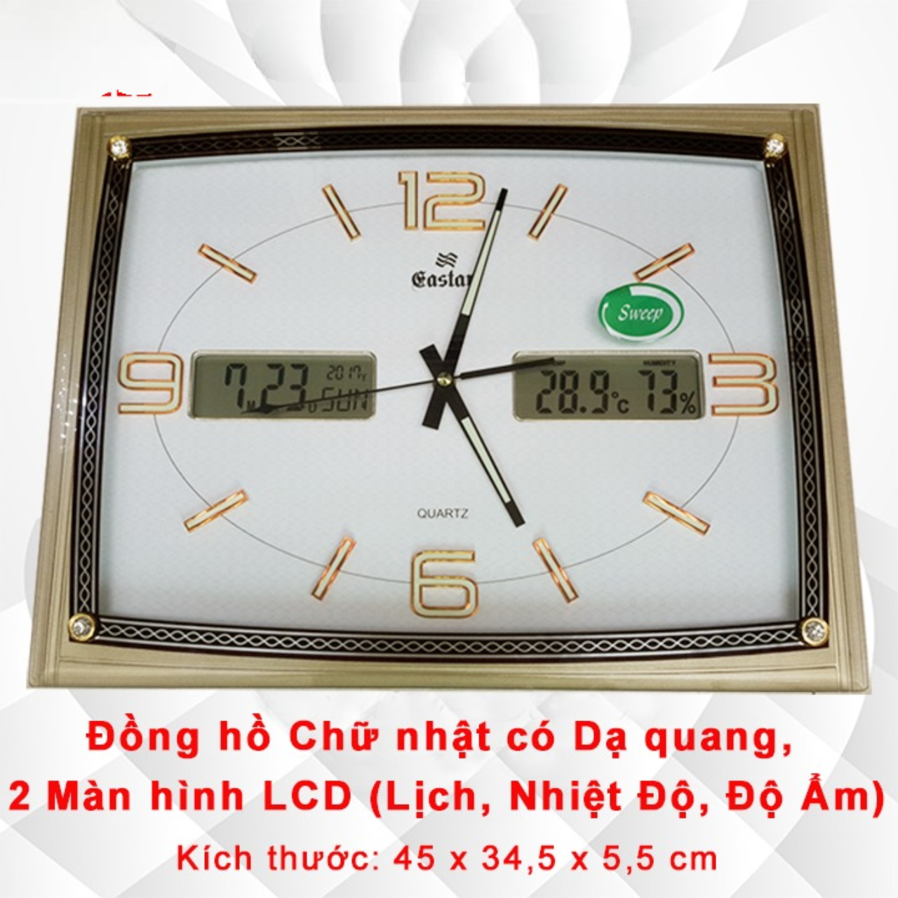 đồng hồ treo tường easter CHỮ NHẬT 2 máy,, CÓ DẠ QUANG (*), LỊCH VẠN NIÊN, NHIỆT ĐỘ VÀ ĐỘ ẨM (572A)