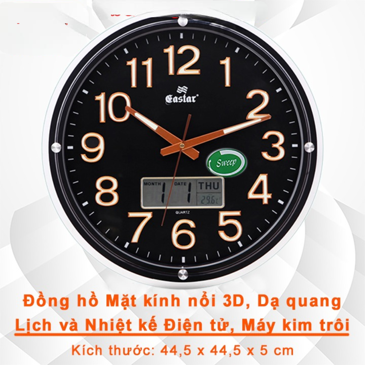 đồng hồ treo tường easter TRÒN 2 máy,, MÁY ĐỒNG HỒ KIM TRÔI CÓ DẠ QUANG, LỊCH VẠN NIÊN VÀ NHIỆT KẾ ĐIỆN TỬ (584B)