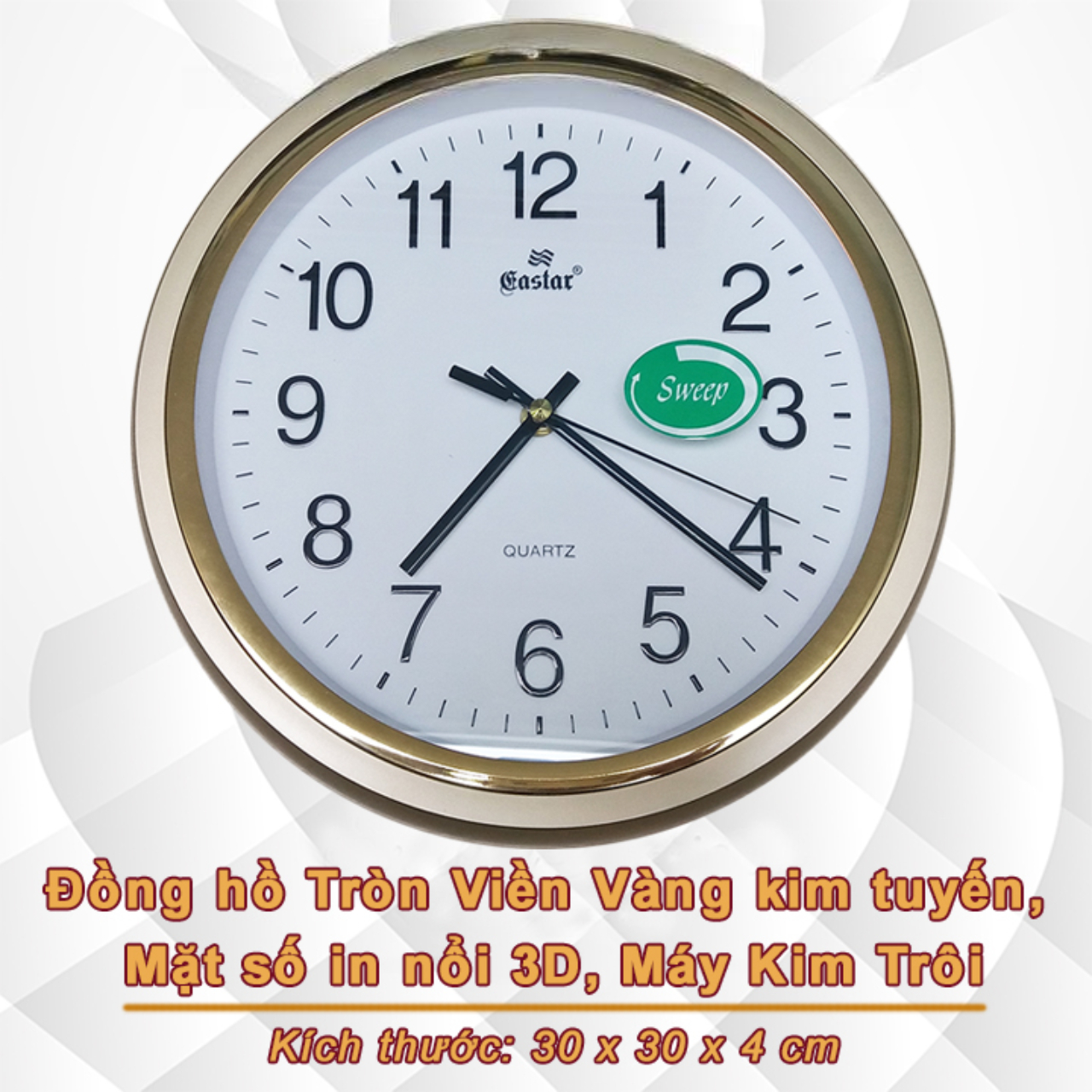 Đồng hồ Tròn Viền vàng Kim tuyến, Mặt số in Nổi 3D, Máy Kim trôi – Mã số: 825A