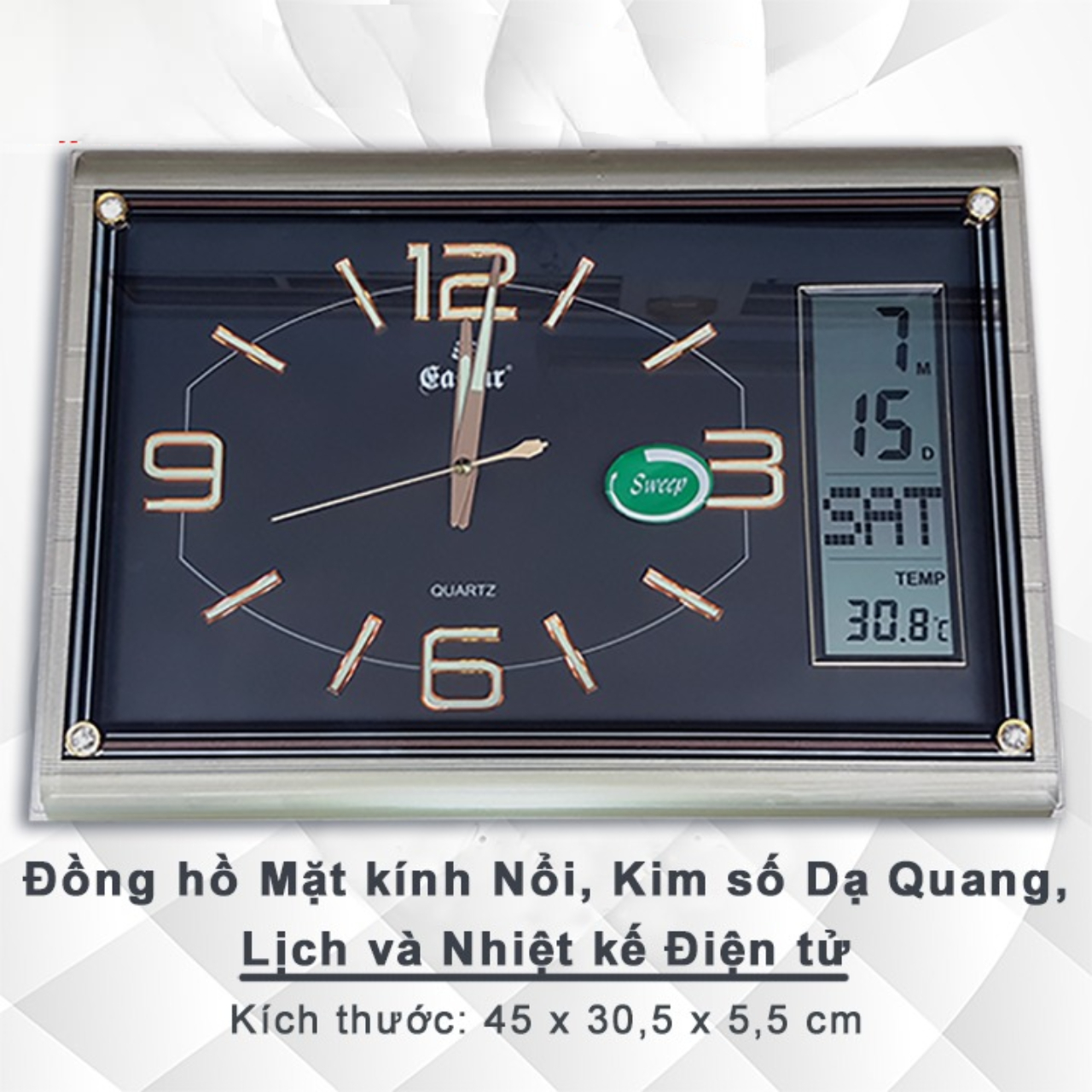 đồng hồ treo tường easter CHỮ NHẬT, 2 máy,, DẠ QUANG, có lịch tự động VÀ NHIỆT KẾ (563B)