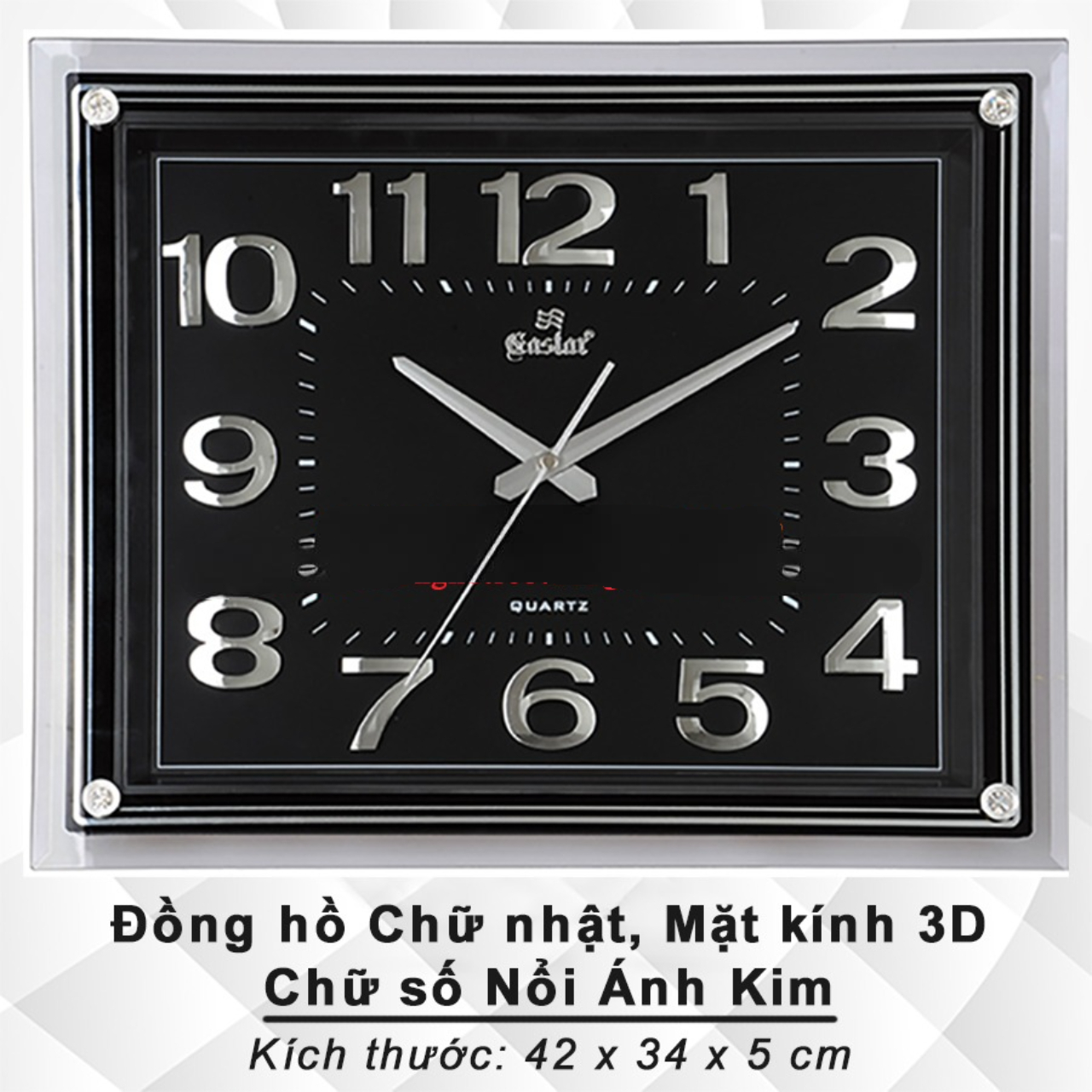 Đồng hồ Chữ nhật – Mặt kính 3D – Bộ số Nổi Ánh kim - Mặt đen - Mã số: Gastar 840B