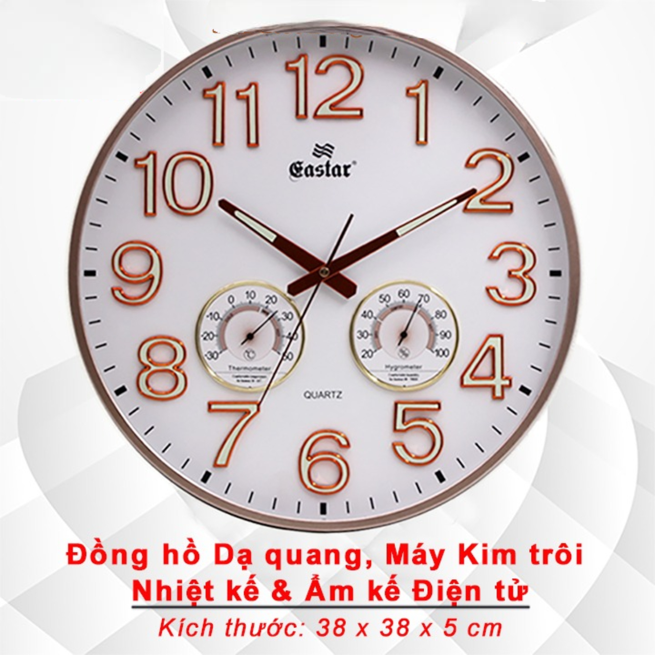 đồng hồ treo tường easter TRÒN LỚN, KIM TRÔI SỐ NỔI 3D CÓ DẠ QUANG VÀ NHIỆT ẨM KẾ CƠ (KHÔNG DÙNG PIN) - 3219A