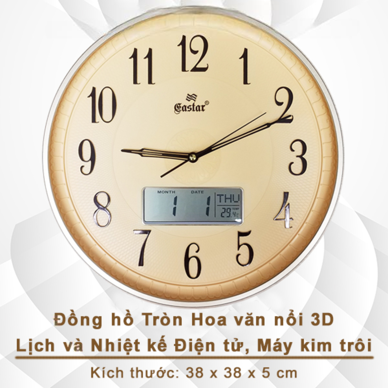 Đồng hồ Tròn Hoa văn nổi 3D, có Lịch và Nhiệt kế Điện tử - Gastar 5123A