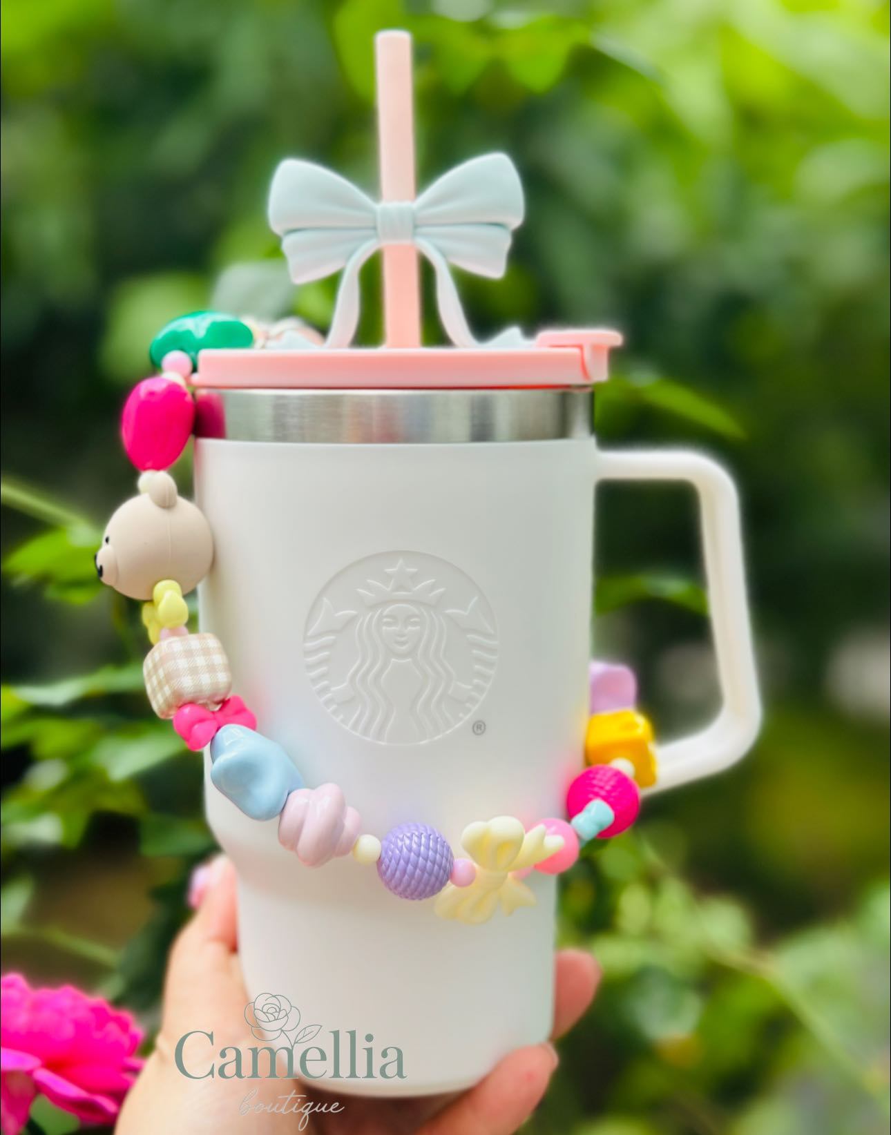 Ly Starbucks Pink and White Tumbler with Bear Keychain