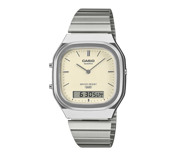 Đồng hồ Casio Vintage Kim Số Mặt Bạc Mỏng 8mm – AQ-240E-7A2DF Chính Hãng