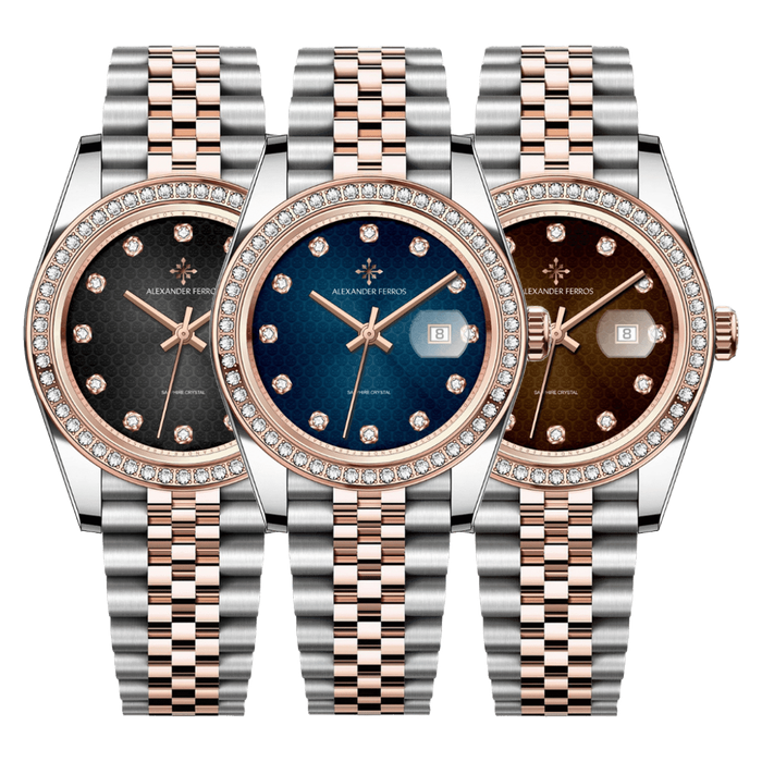 Đồng Hồ Nữ Alexander Ferros 8371 Quartz GL12 Kính Sapphire 31mm Dây Kim Loại Demi Vàng Hồng 5 ATM