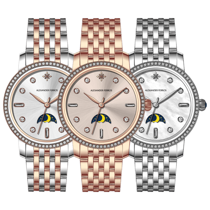 Đồng Hồ Nữ Alexander Ferros 9321D/19 Moonphase Demi Vàng Hồng Kính Sapphire 33mm Dây Kim Loại 5 ATM
