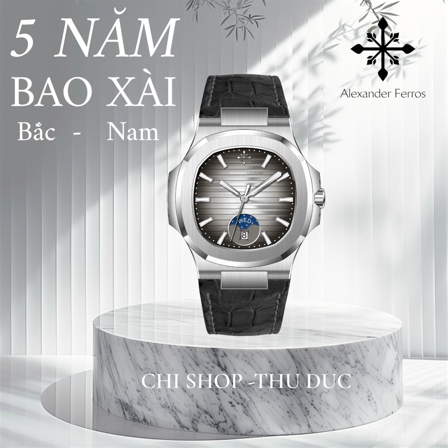 Đồng Hồ Nam Alexander Ferros 6122S-01 Moonphase Vỏ Bát Giác Thép Không Gỉ Kim Dạ Quang