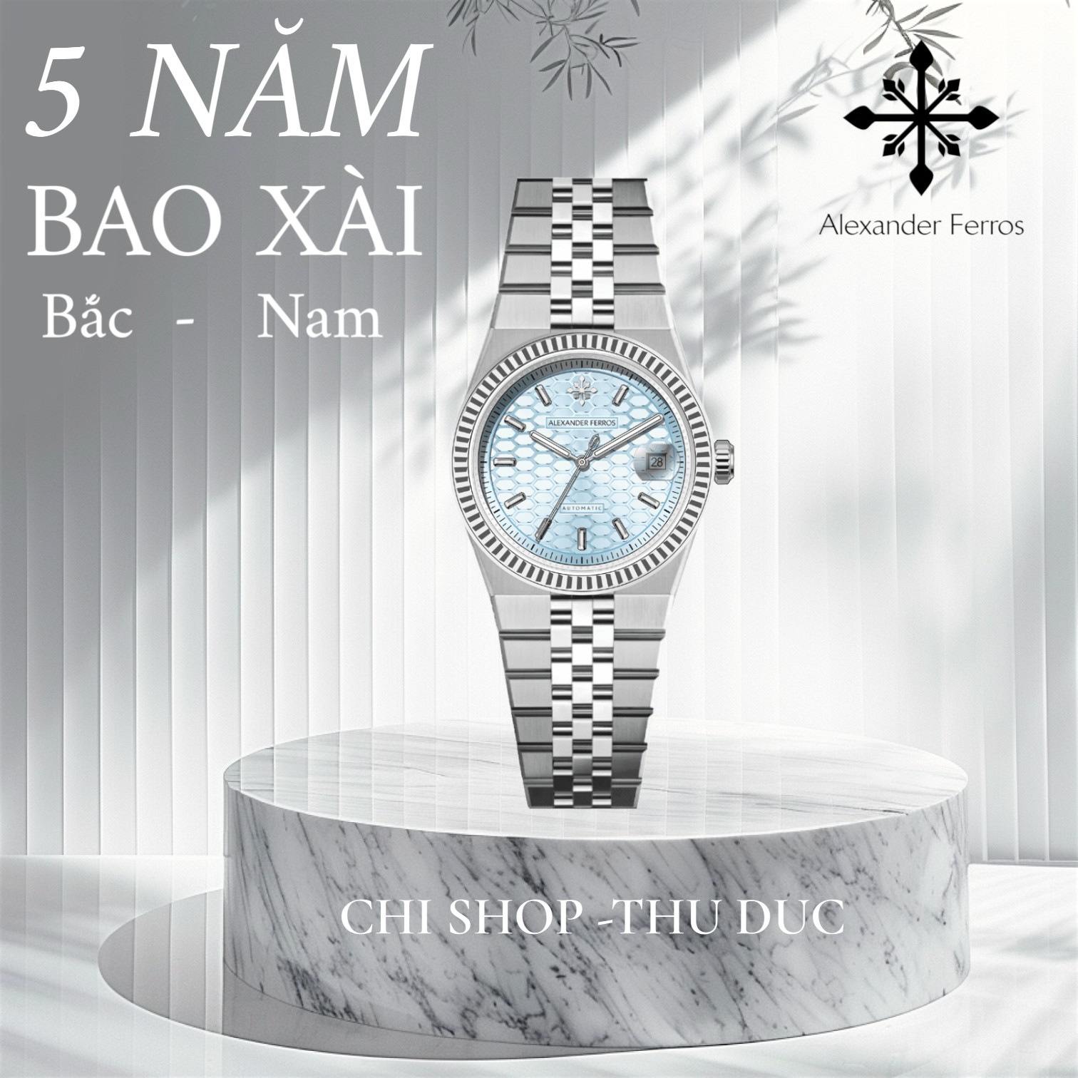 Đồng hồ nam Alexander Ferros 8182S/13 – máy cơ Automatic Miyota 8215, mặt xanh Tiffany 36mm, kính Sapphire