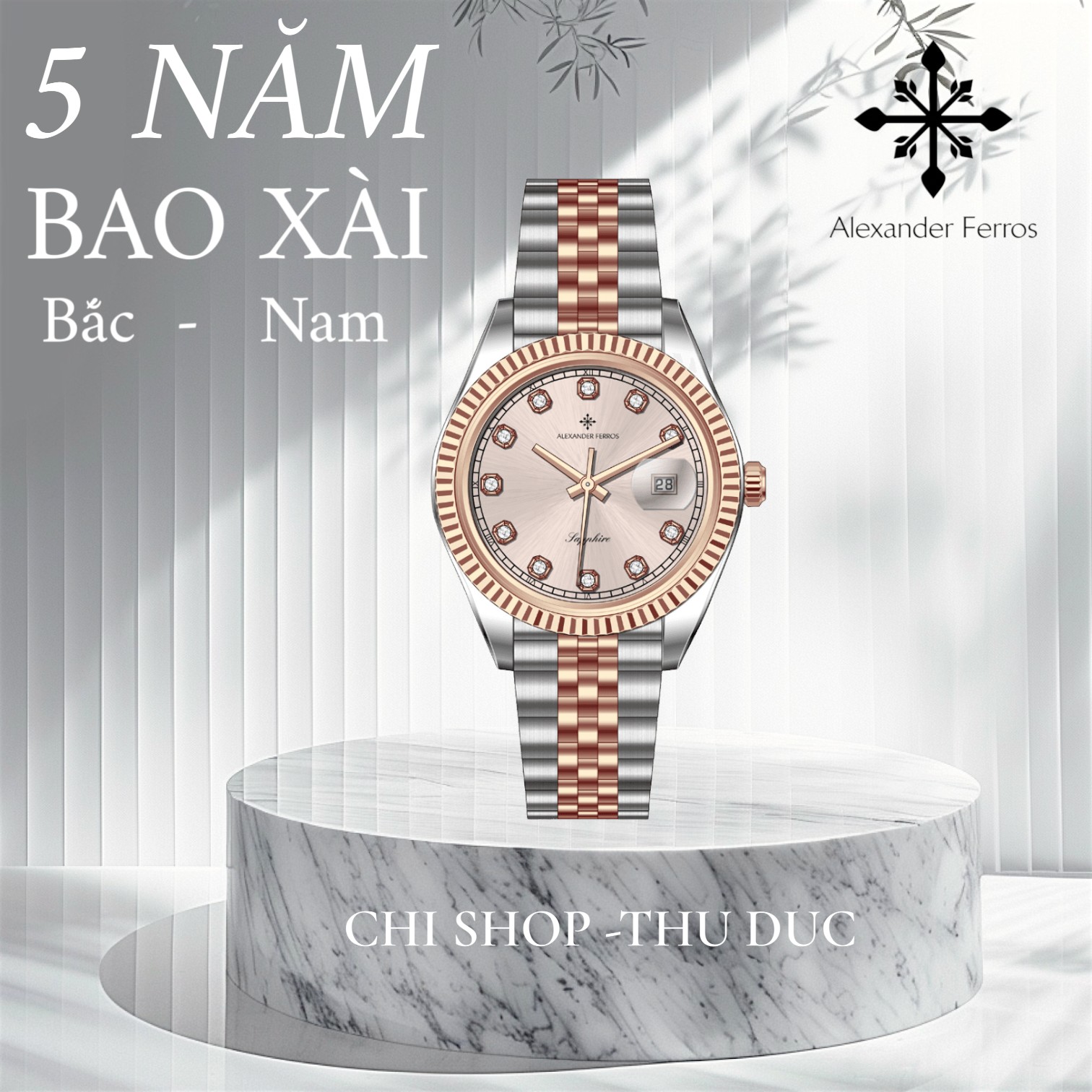 Đồng hồ nam Alexander Ferros 8392D/15 – máy Quartz Miyota 2115, kim Dauphine, mặt vàng đính đá 38mm, kính Sapphire