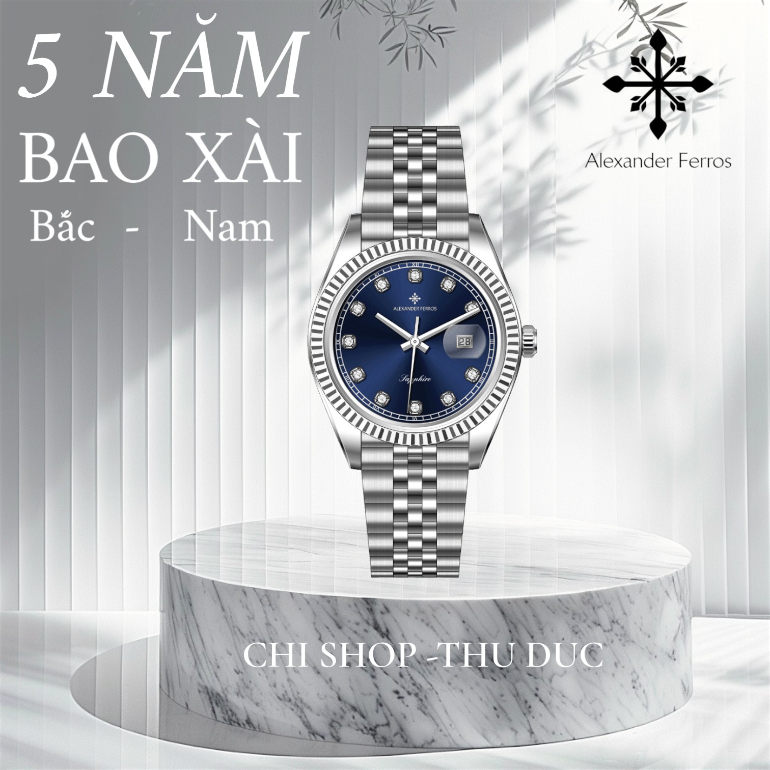 Đồng hồ nam Alexander Ferros 8382S/05 – máy Quartz Miyota 2115, kim Dauphine, mặt xanh 40mm, kính Sapphire