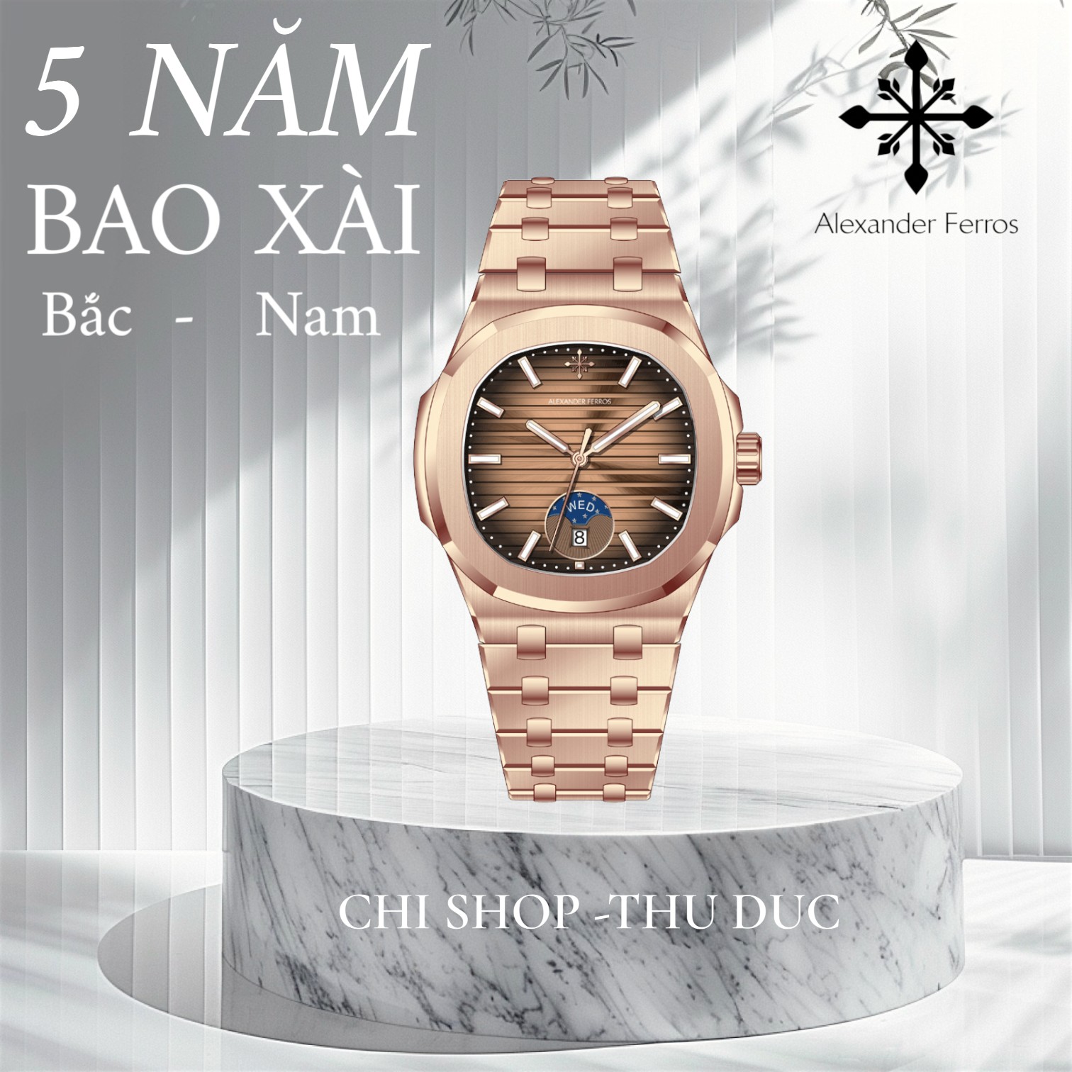 Đồng Hồ Nam Alexander Ferros 6122R/08 Moonphase Vỏ Bát Giác Mạ Vàng Hồng Kim Dạ Quang