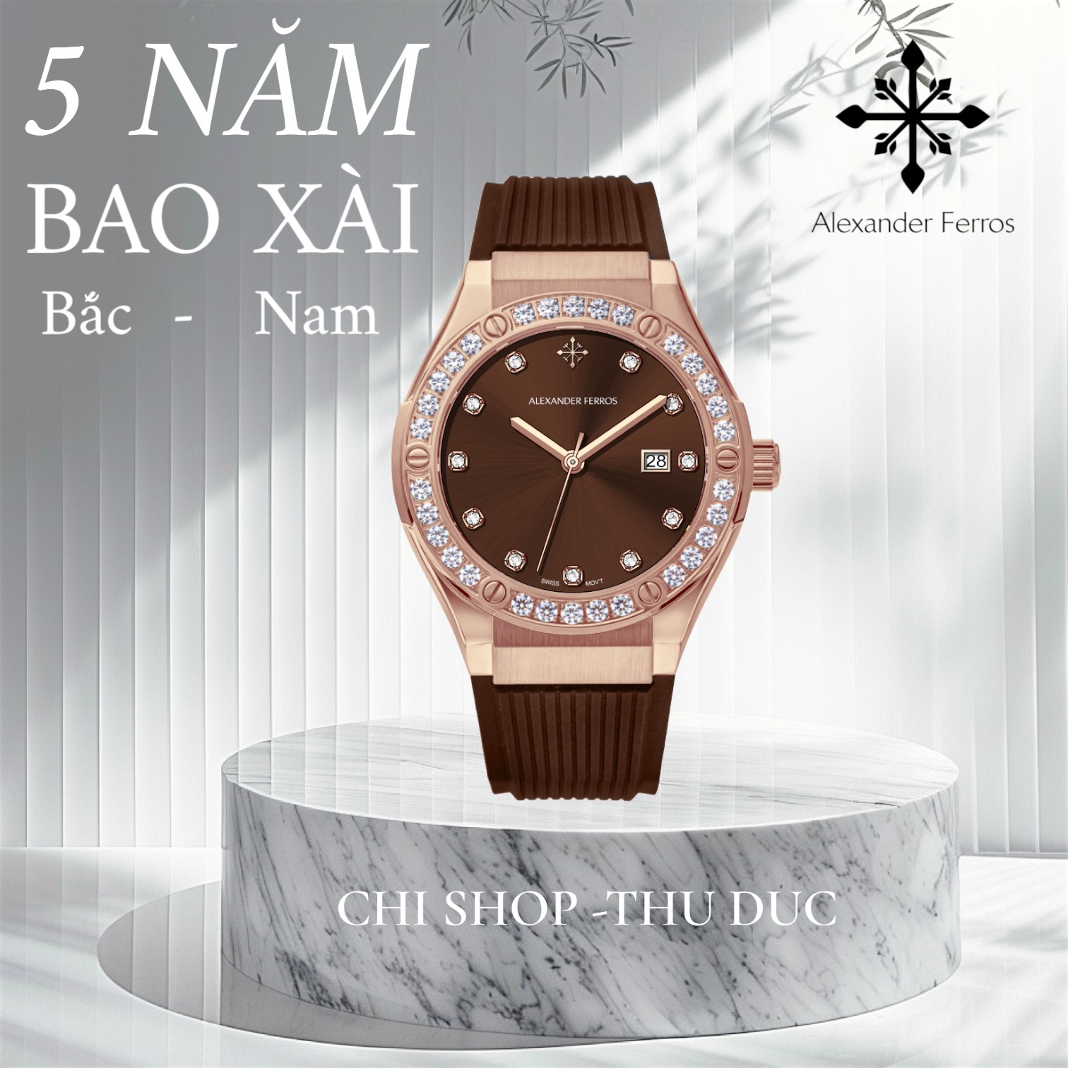 Đồng Hồ Nữ Alexander Ferros 2251R-08 Mạ Vàng Hồng Máy Pin Thụy Sỹ Kính Sapphire