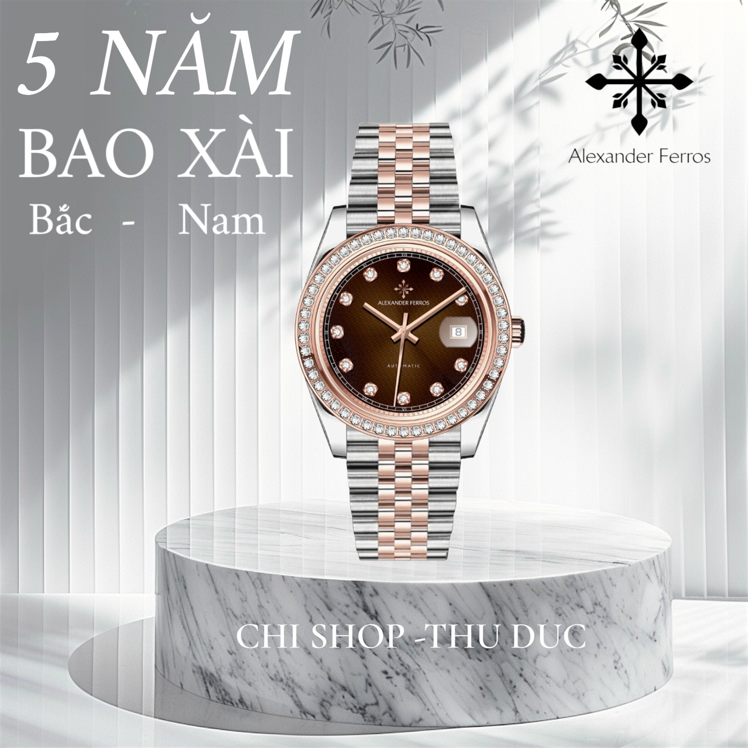 Đồng Hồ Nam Alexander Ferros 8021D/08 Demi Vàng Hồng Viền Đính Đá Máy Nhật Sapphire