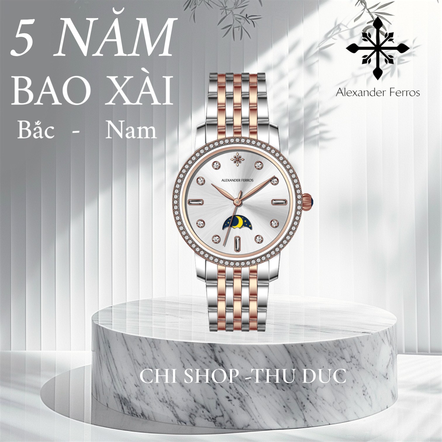Đồng hồ nữ Alexander Ferros 9321D/19 – Moonphase máy pin, niềng đính đá, mặt trắng đính đá 33mm, kính Sapphire