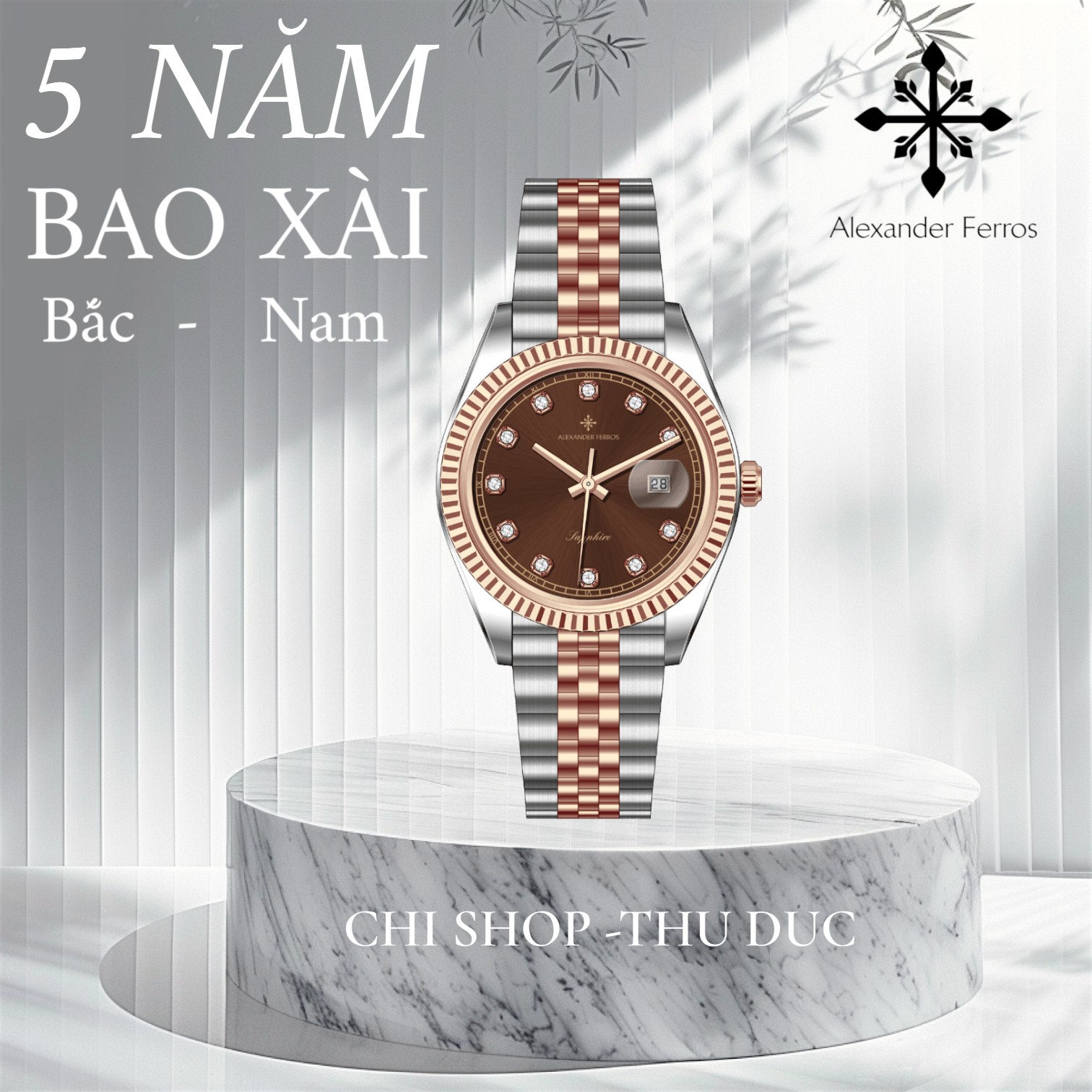 Đồng hồ nam Alexander Ferros 8382D/08 – máy Quartz Miyota 2115, kim Dauphine, mặt nâu 40mm, kính Sapphire